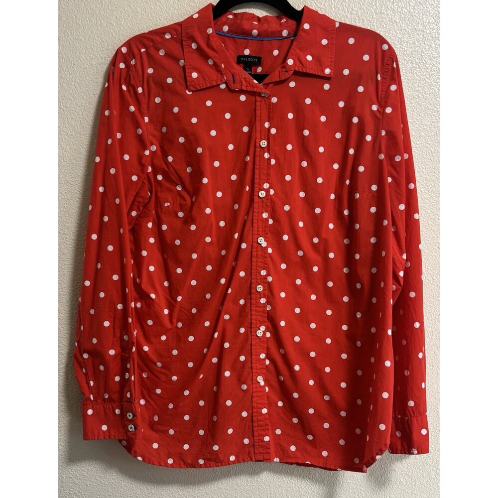 Talbots Red White Polka Dot Button Up Shirt Long Sleeve Size L Minnie Festive